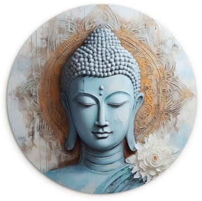 WallCircle® Wandcirkel 60x60 cm - Muurcirkel Boeddha - Beeld - Blauw - Bruin - Bloem - Muurdecoratie woonkamer - Wanddecoratie slaapkamer - Kamer decoratie accessoires - Ronde schilderijen