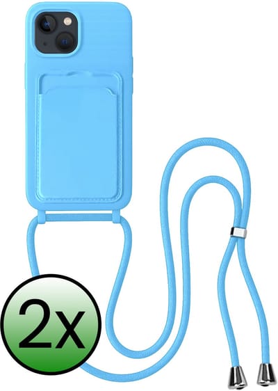 Hoes Geschikt voor iPhone 13 Hoesje Pas Houder Case Hoes Met Koord - Hoesje Geschikt voor iPhone 13 Hoes Met Telefoonkoord Pasjeshouder Cover - Lichtblauw - 2 Stuks
