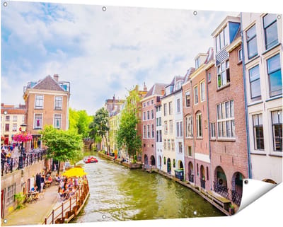 Gards Tuinposter Huizen aan de Oudegracht in Utrecht - 150x100 cm - Tuindoek - Tuindecoratie - Wanddecoratie buiten - Tuinschilderij
