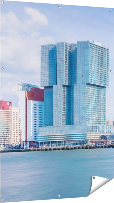 Gards Tuinposter Rotterdamse Skyline aan het Water - 100x150 cm - Tuindoek - Tuindecoratie - Wanddecoratie buiten - Tuinschilderij