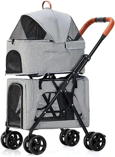 Dubbele Huisdieren Wandelwagen - Hondenkinderwagen Katten - Comfortabel Reizen - Afneembare Draagmand - 68x48x105cm - Zwart