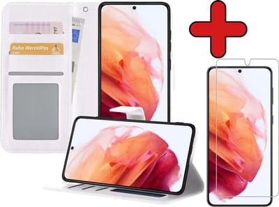 Hoesje - Met Screenprotector - Geschikt voor Samsung Galaxy S21 Plus - Luxe Pasjeshouder - Flipcase - Bookcase Portemonee - Flip Case - Kunstleer Book Case - Book Cover - Walletcase - Portemonneehoes - Telefoonhoes - Wit