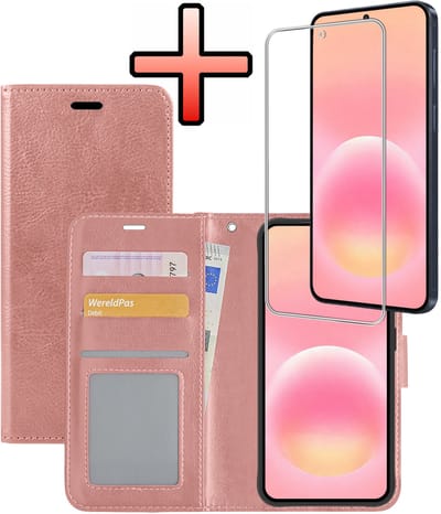 Hoesje - Met Screenprotector - Geschikt voor Samsung Galaxy A57 - Luxe Pasjeshouder - Bookcase Portemonee - Flip Case - Kunstleer Book Case - Flipcase - Book Cover - Walletcase - Portemonneehoes - Rosé goud