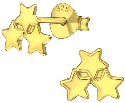 Joy|S - Zilveren ster oorbellen - 8 mm - 3 sterren oorknoppen - gold plated