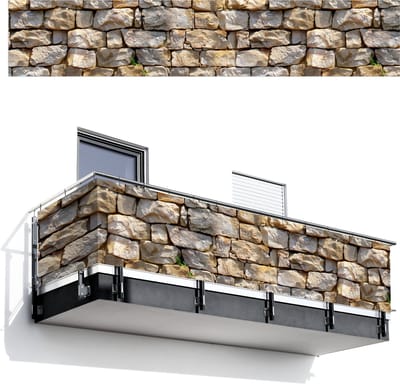 Balkonscherm 500x100 cm - Balkonposter Stenen - Beige - Grijs - Planten - Balkon scherm decoratie - Balkonschermen - Balkondoek zonnescherm