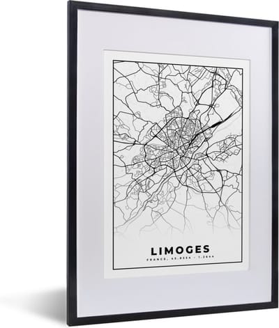 Fotolijst incl. Poster Zwart Wit- Kaart - Stadskaart - Limoges - Frankrijk - Plattegrond - Zwart wit - 30x40 cm - Posterlijst