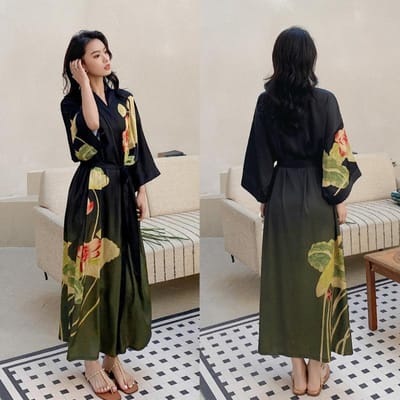 Grote Maten Dames Lange Badjas Nachtkleding Print Bloem Kimono Badjas Gewaad Loungewear Lente Zomer Losse Casual Satijnen Huisjurk One size black