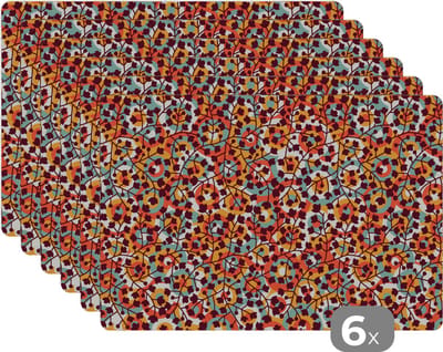 Placemat - Placemats kunststof - Bloemen - Bohemian - Cirkel - Patroon - 45x30 cm - 6 stuks - Hittebestendig - Anti-Slip - Onderlegger - Afneembaar