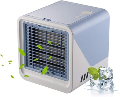 Draagbare luchtkoeler – 3-in-1 draagbare persoonlijke airconditioner – Watertank van 500 ml – 3 ventilatorsnelheden & ledverlichting in 7 kleuren – Ventilator met verdampingskoeling (USB-voeding) – Geschikt voor kamers, bureaus en kantoren – Blauw