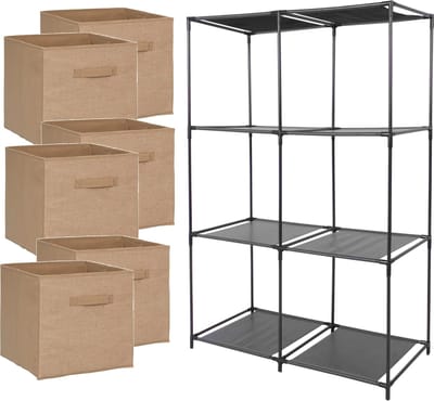 5Five Kastmandjes/opberg manden - lichtbruin - jute - 6x van 29 Liter - Metalen rekje is 68 x 104 cm