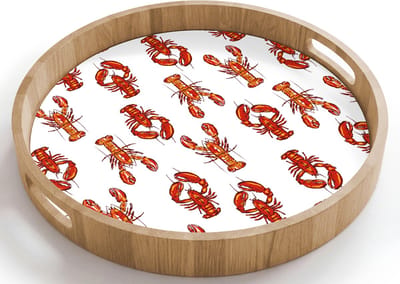 Dienblad rond 40x40 cm - Schootdienblad hout - Kunst - Kreeft - Rood - Oranje - Borrelplank rechthoek - Plateau houten dienbladen