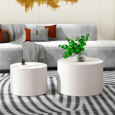 Salontafelset rond - Bijzettafels set - Woonkamer inrichten - Geribbeld cilinder design - Groot 60cm - Wit