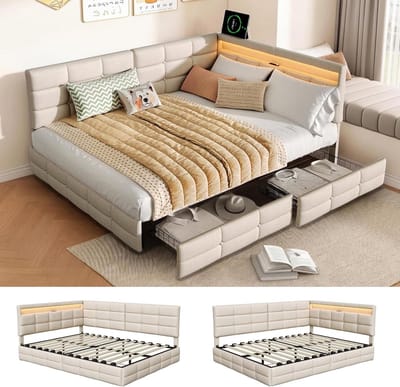Gestoffeerd Bed Slaapbank - Logeerbed Dagbed - Ruimte Besparen - Met LED en USB - 140x190cm - Beige