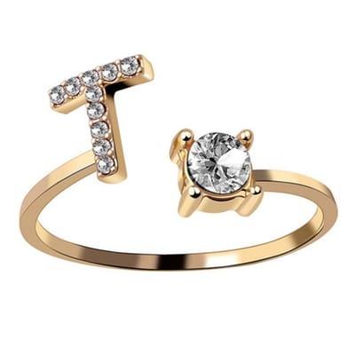 Ring Met Letter - Ring Met Steen - Letter Ring - Ring Letter - Initial Ring - (Zilver 925) Gold-Plated Letter T - Cadeautje voor haar