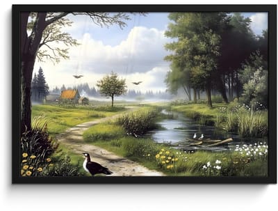 Poster in lijst - Fotolijst 60x40 cm - Posters - Zandpad - Groen landschap - Water - Posterlijst zwart - Decoratie - Wanddecoratie woonkamer - Muurdecoratie slaapkamer