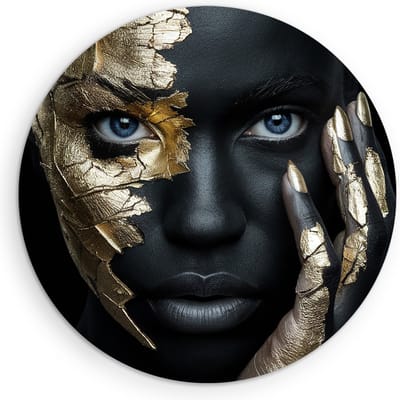 Saammp Muurcirkel Hout - Vrouw met goud op het gezicht - abstract - Ø 90 - Wandcirkel - Wanddecoratie Cirkel - Muurdecoratie Woonkamer - Slaapkamer decoratie - Rond Schilderij