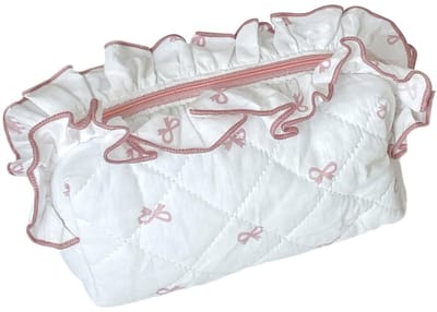 Dailygoods - Schattige stropdas make-uptas van katoen, gewatteerd, geruite voering, met ritssluiting, voor dames en meisjes, kawaii-reis-make-uptas (lichtblauw), roze, kanten slijpen