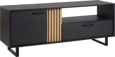 TV-Meubel Myron Zwart - Breedte 164 cm - Hoogte 64 cm - Diepte 50 cm - Met lades - Met planken - Met openslaande deuren