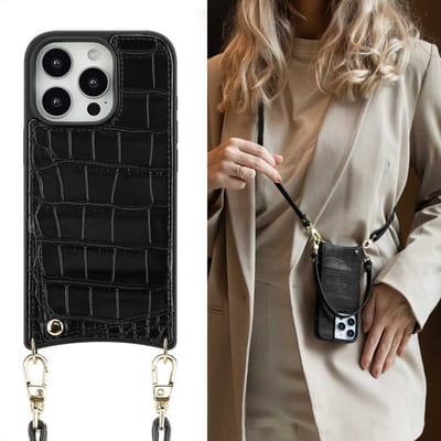 Selencia Hoesje - Geschikt voor Apple iPhone 16 Pro - Croco Backcover met koord en pashouder - Zwart