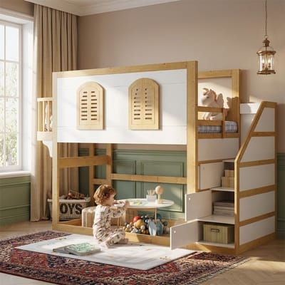 Hoogslaper Kinderbed Met Opbergruimte - Speelbed Met Trapkast En Raam - Wit/Naturel