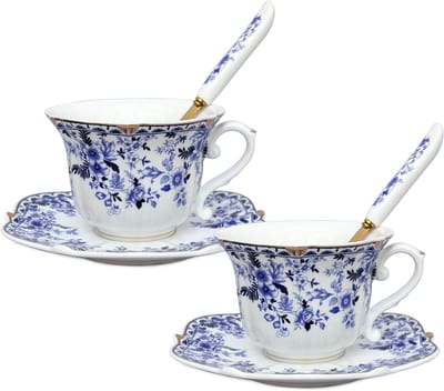 Set van 2 Vintage Keramische Theekopjes en Schotels met Bloemendecoratie in Blauw