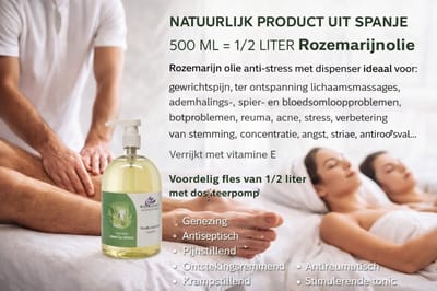 500 ML = 1/2 LITER Rozemarijnolie Rozemarijn olie anti-stress met dispenser ideaal voor: gewrichtspijn, ter ontspanning lichaamsmassages, ademhalings-, spier- en bloedsomloopproblemen, botproblemen, reuma, acne, stress, verbetering , concentratie,