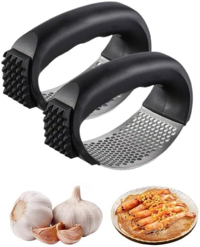 GELLDG Knoflookpers van roestvrij staal - Tweedelige set - Draagbaar - Handmatig keukengereedschap - Geschikt voor het persen van knoflook - Ergonomisch gebogen handvat - Zwart