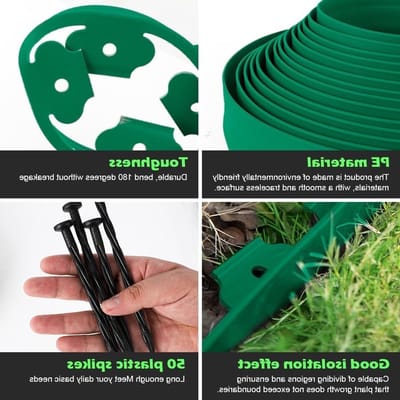 Flexibele Tuinrand van 10 m met 50 Pinnen, Ideaal voor Tuinontwerp, Grondafscheiding en Pavers, Hoogte 5 cm, Dikte 4 mm, Groen
