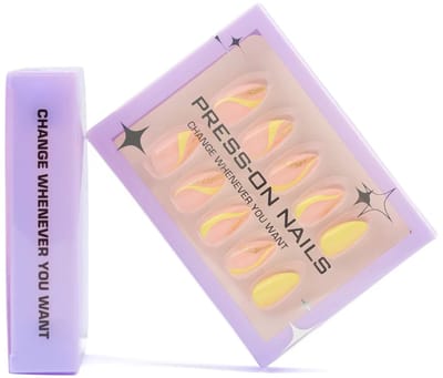 Press on nails – Nepnagels– Amandelvorm – 30 stuks – Kort- Geel met Gouden Nail Art