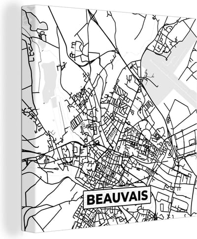 Canvas Schilderij Kaart - Stadskaart - Beauvais - Frankrijk - Plattegrond - Zwart wit - 20x20 cm - Wanddecoratie