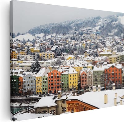 Artaza Canvas Schilderij Skyline Winter - 40x30 cm - Klein - Muurdecoratie Stad - Wanddecoratie Bergen - Kamer Accessoires