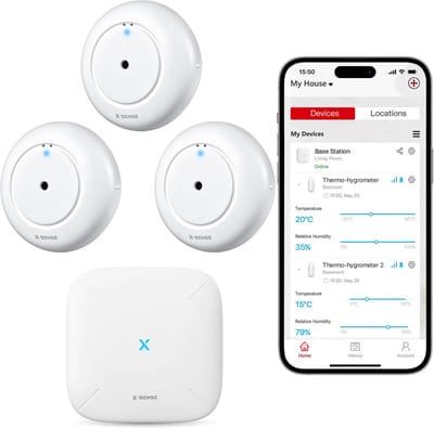 X-Sense SWS51 Slimme Watermelder bundel met WiFi - 3 stuks met Base Station - Werkt met app - Watersensor - Wateralarm - Waterlekkage detector - Waterdetector - Vochtmeter - Lekdetectie