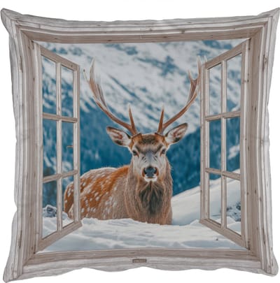 Sierkussens - Kussentjes Woonkamer - 50x50 cm - Hert - Winterlandschap - Natuur - Dieren - Doorkijk - Bergen