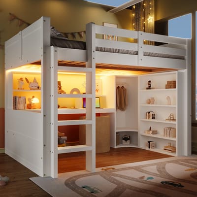 Hoogslaper 140x200 cm - Met LED Verlichting En Kledingkast - Bureau En Opbergruimte - Hout - Wit