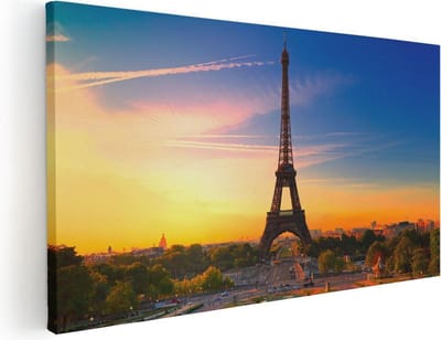 Artaza Canvas Schilderij Parijs - 40x20 cm - Klein - Wanddecoratie Eiffeltoren - Muurdecoratie Zonsondergang - Schilderijen Op Canvas Skyline