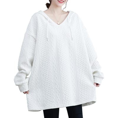 Sweat-shirt à capuche décontracté pour femme, automne et hiver, long, solide, grande taille, manches raglan, pull en tricot One Size blanc