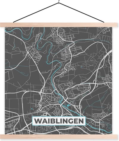 Posterhanger incl. Poster 120x120 cm - Schoolplaat - Blauw – Duitsland – Plattegrond – Stadskaart – Kaart – Waiblingen - Textielposter - Blanke latten - Stadskaart