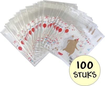 100x Cellofaan Beren Zakjes 7x7 cm - 100 Stuks Uitdeelzakjes - Cellofaan Plastic Traktatie Kado Zakjes - Snoepzakjes - Dansende Beer - 7x7 cm