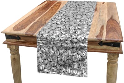 ABAKUHAUS zwart-wit tafelloper – lijnenkunst bladeren – 40x300 cm – polyester