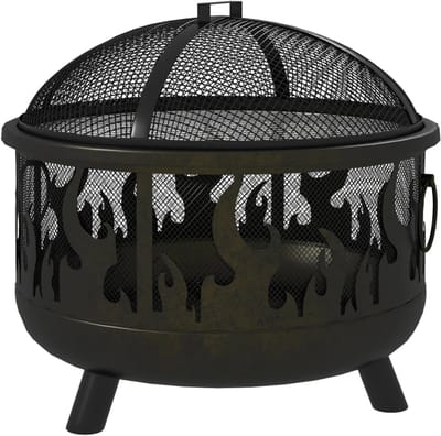 Vuurschaal - Vuurschaalhaard - Vuurkorf BBQ - met Vonkenscherm, Pook & Uitneembaar grillrooster - voor Buiten - Tuin en Terras - Ø 61,5 x 52 cm - Zwart