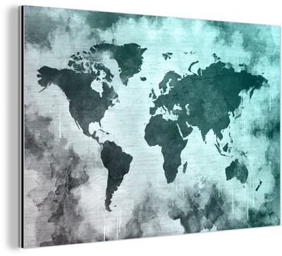 Aluminium schilderij 180x120 cm - Wanddecoratie metaal - Wereldkaart - Grijs - Blauw - Metalen muurdecoratie woonkamer - Decoratie industrieel - Foto op dibond - Industriële accessoires slaapkamer