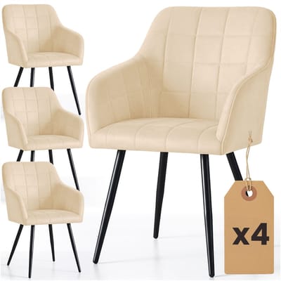 Set van 4 Eetkamerstoelen LUXANO met Armleuningen / Gestoffeerde Stoelen / Fluwelen Stoelen en Metalen Poten / Beige met zwarte benen