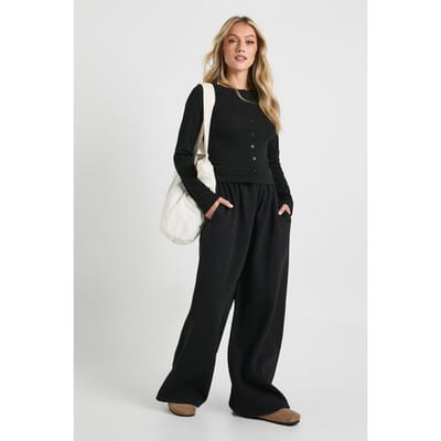 boohoo Dames Klein rib trainingspak met doorlopende knoopsluiting en lange mouwen | Zwart | Maat: XS