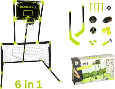 Playos® - Doeltje - 6 in 1 - Zwart / Groen - met Basket - Inclusief Ballen en Hockeysticks - Rugby - Hockey - Doelwand - Voetbalgoal - Toss Game - Werpspel