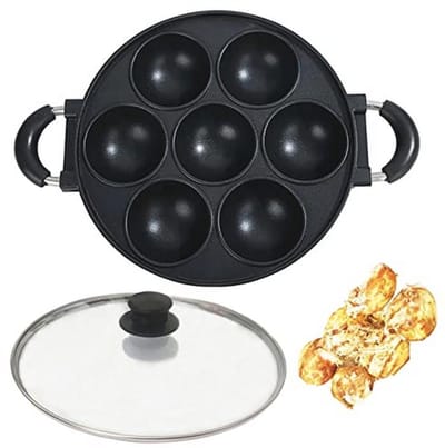 Heaunzy Japan Large Diaphragm Takoyaki Pan with Glass Lid - Multi-Purpose Baking Mould for Egg, Poffers, Appam, Banh Khot, Cupcakes - Non-Stick Takoyaki Maker, 0.95 kg (7 Holes)