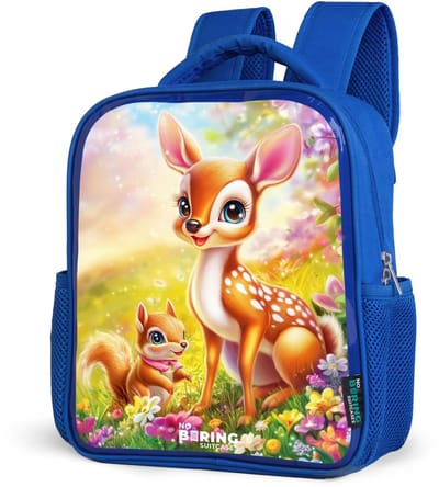 NoBoringSuitcases.com® - Rugzak blauw - Schooltas jongens - Hertje en eekhoorn in kleurrijk bloemenveld - Kinder rugtas jongen - Boekentas kind - Kinderrugzak voor school - Schoolrugzak