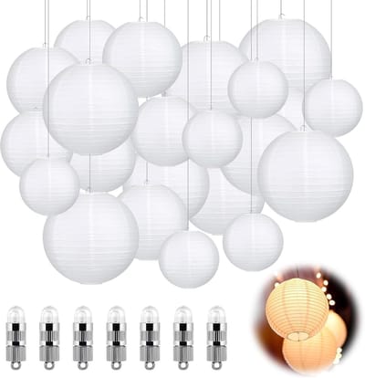 SnelShoppen - Set van 30 Witte Papieren Lantaarns met LED Lichten - Hanglampen voor Feesten, Bruiloften, Tuinpartijen - 15-30 cm