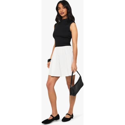 boohoo Dames Petite Contrasterende Jersey Rib Katoenmix High Neck Mini Jurk | Black | Maat: 16