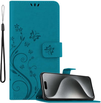 Cadorabo Hoesje geschikt voor Apple iPhone 15 PRO in BLOEMEN BLAUW - Beschermhoes in bloemmotief met magnetische sluiting, standfunctie en kaartsleuven Book Case Cover Etui