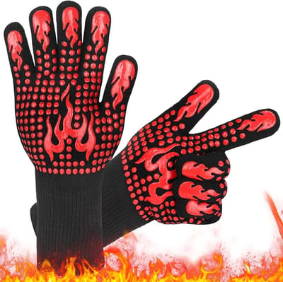 Hittebestendige Grillhandschoenen tot 800°C, Aramidevezel en Siliconen, Perfect voor Barbecue, Keuken en Oven, Antislip, Ademend en Wasbaar (1 Paar)